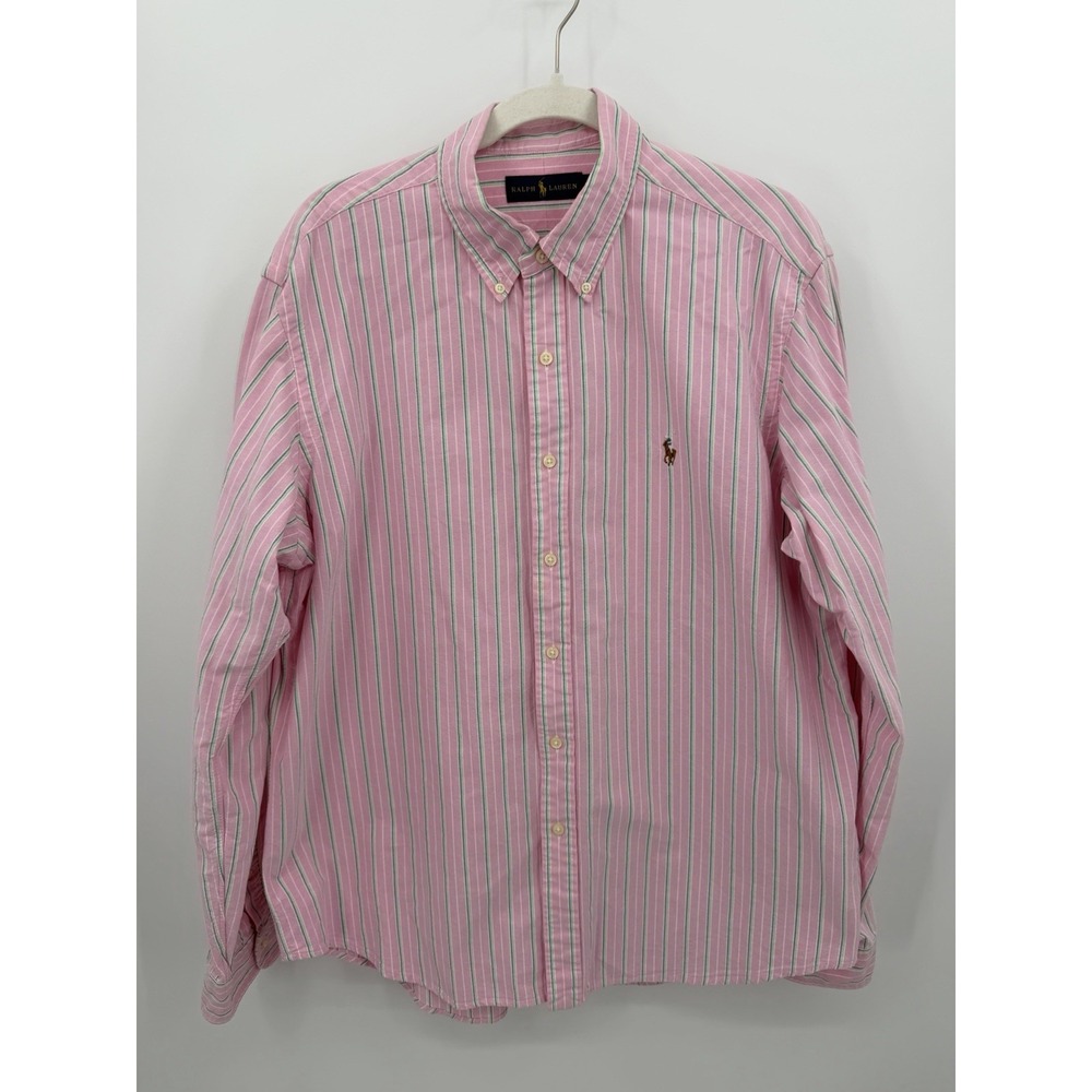 Ralph Lauren Polo Men's XL Pink Striped Oxford Shirt Flesh Pony VINTAGE Y2K